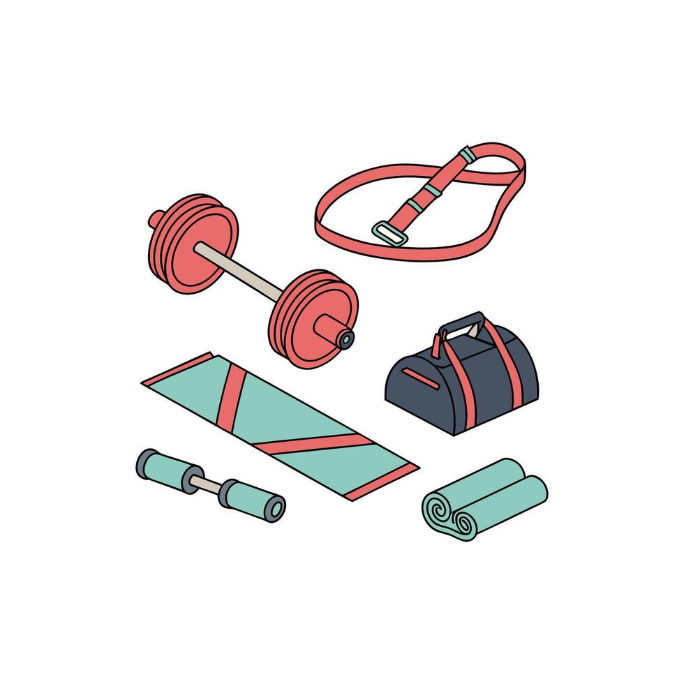 A set of fitness equipment including a dumbbell, a bag and a rope vector
