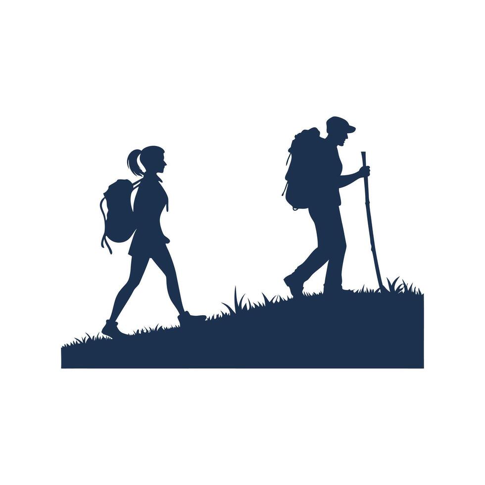 Silhouette of a couple hiking with backpacks vector