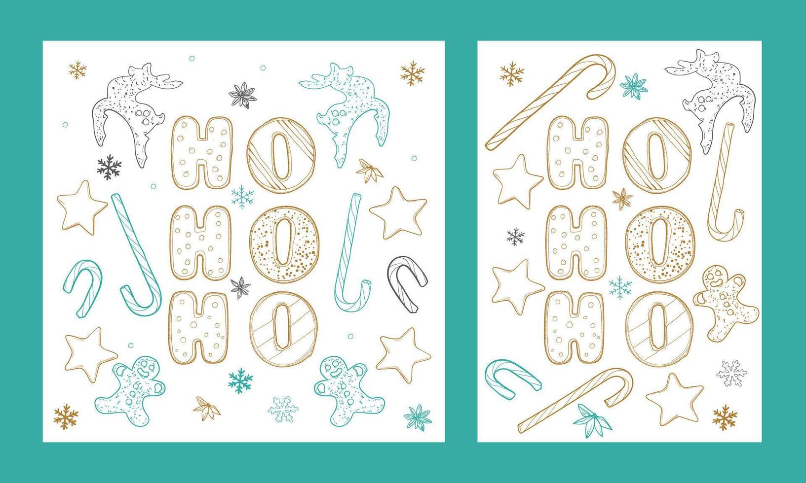 Ho Ho Ho Line art design with gingerbread man, candy cane, cinnamon star. Outline Christmas letters, reindeer, candy canes, stars and snowflakes in square and A4 format designs. vector