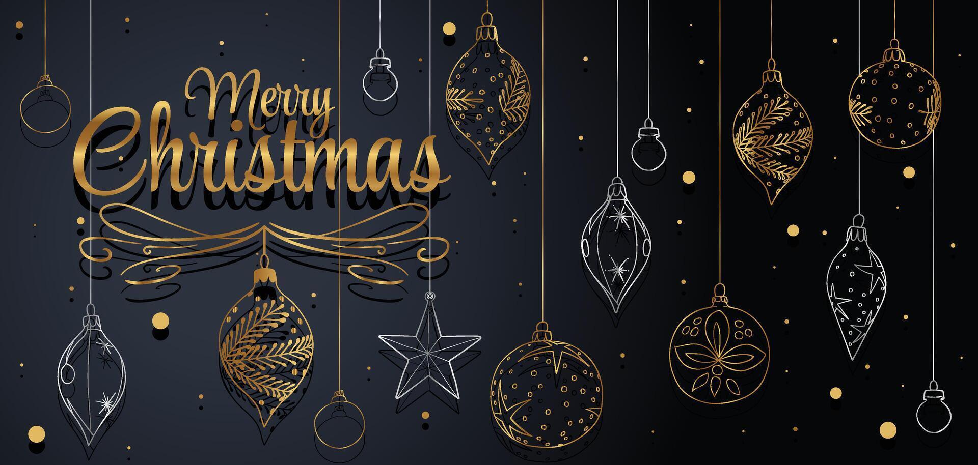 Merry Christmas sparkling globes on dark background with luxury gold design vector