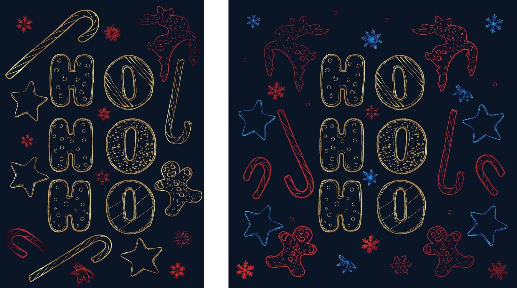 Ho Ho Ho Line art design with gingerbread man, candy cane, cinnamon star. Outline Christmas letters, reindeer, candy canes, stars and snowflakes in square and A4 format designs. vector