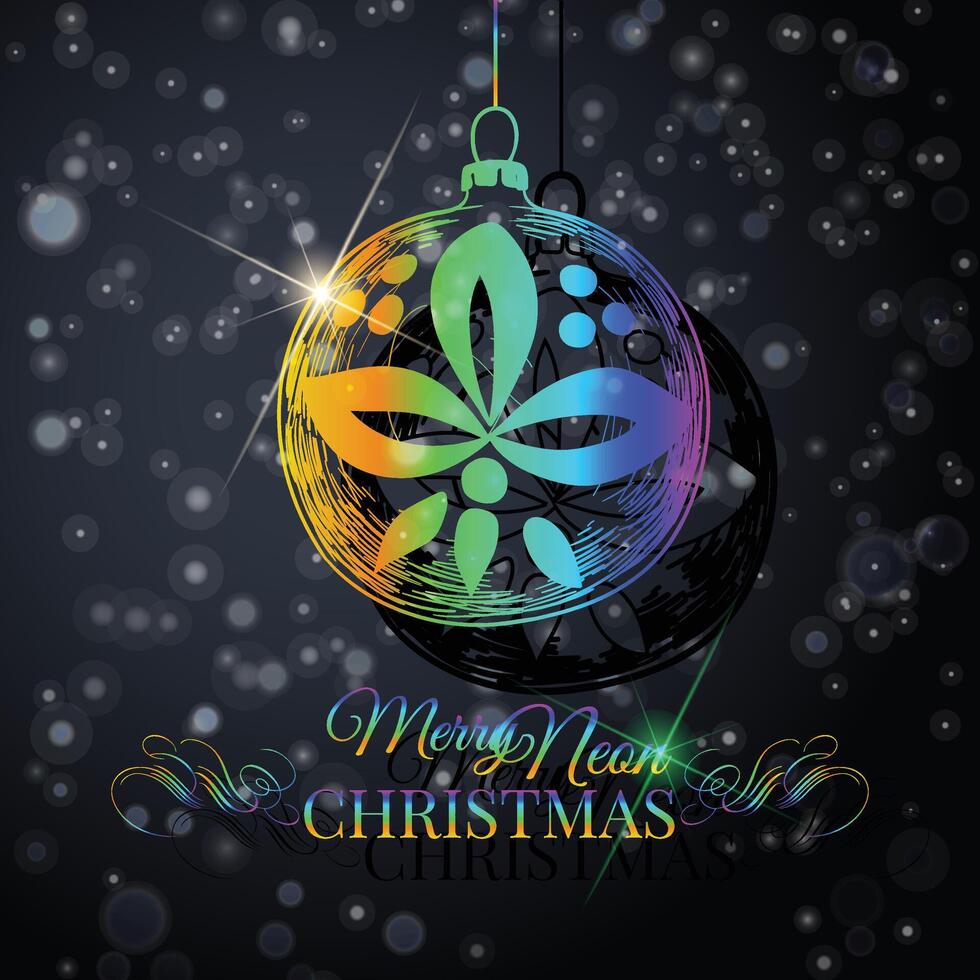 Neon rainbow Christmas globe with snowy dark background vector