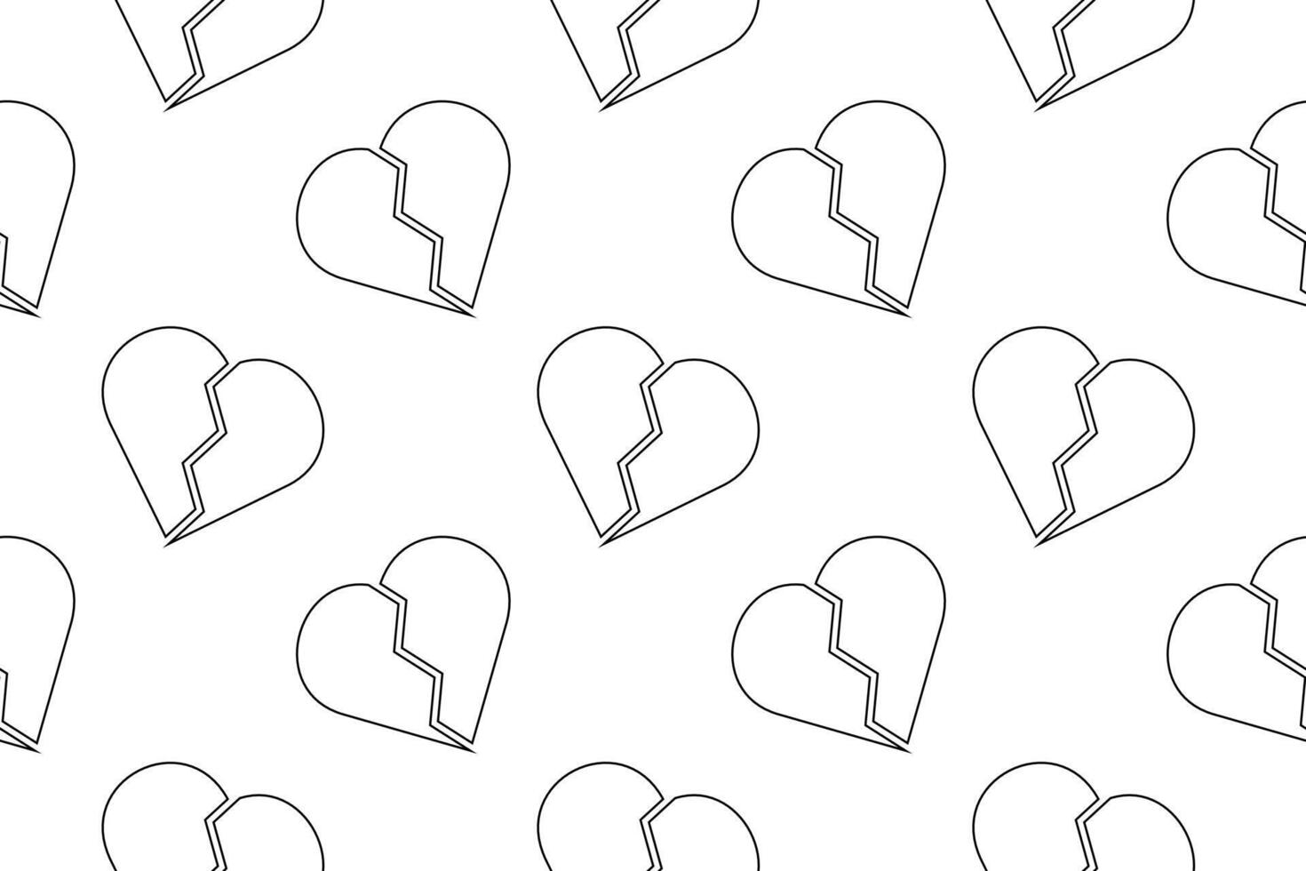 Seamless black and white pattern of broken hearts, designed for childrens coloring and creative activities. vector