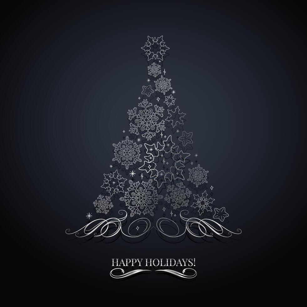 Silver Christmas tree with hand drawn stars and snowflakes vector