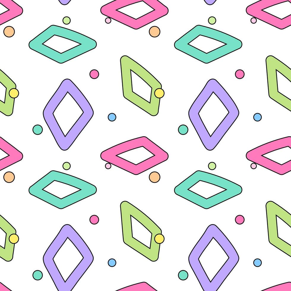 Seamless pattern featuring colorful rhombuses and dots, ideal for vibrant designs, backgrounds, and creative projects. vector