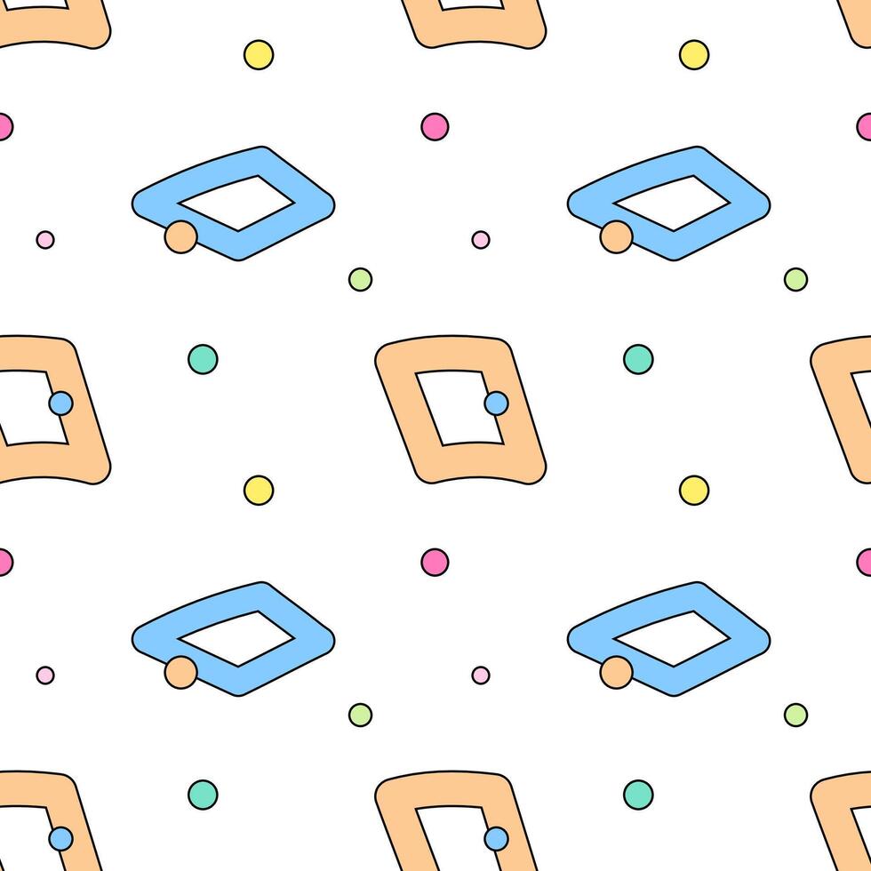 Seamless geometric pattern with colorful rhombuses, squares, and scattered dots on a white background for design projects. vector