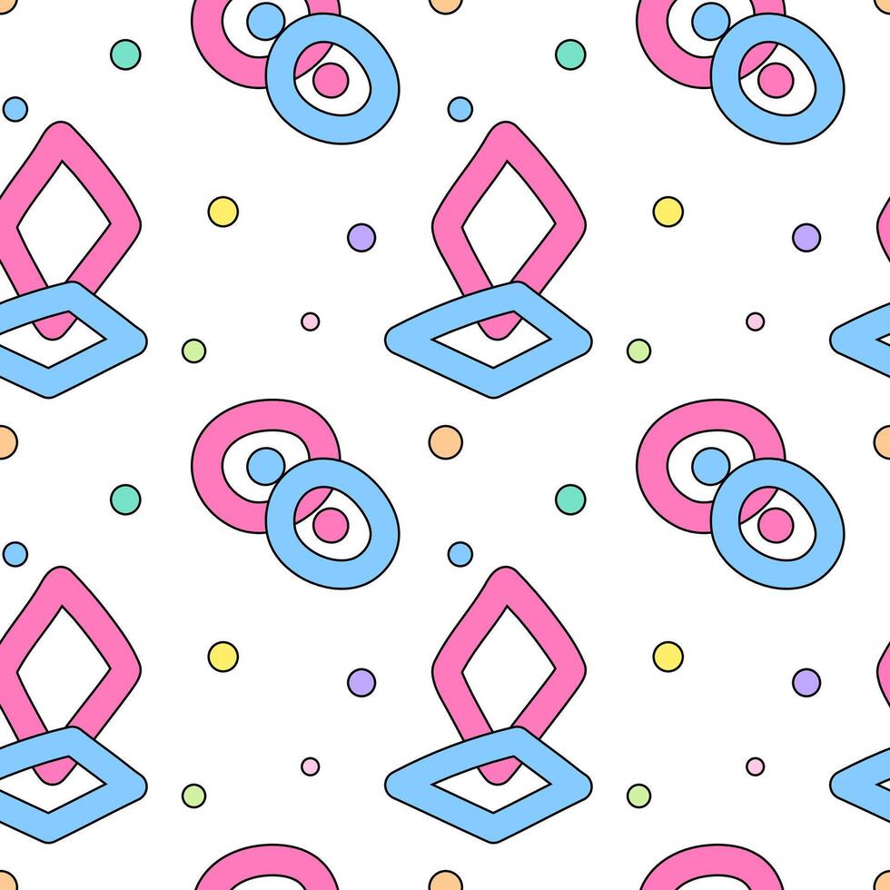 Seamless pattern featuring colorful circles, rhombuses, and scattered confetti dots on a white background for creative designs. vector
