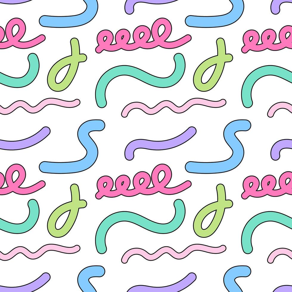 Seamless pattern with colorful wavy lines, swirls, and spirals on a white background, perfect for creative designs. vector