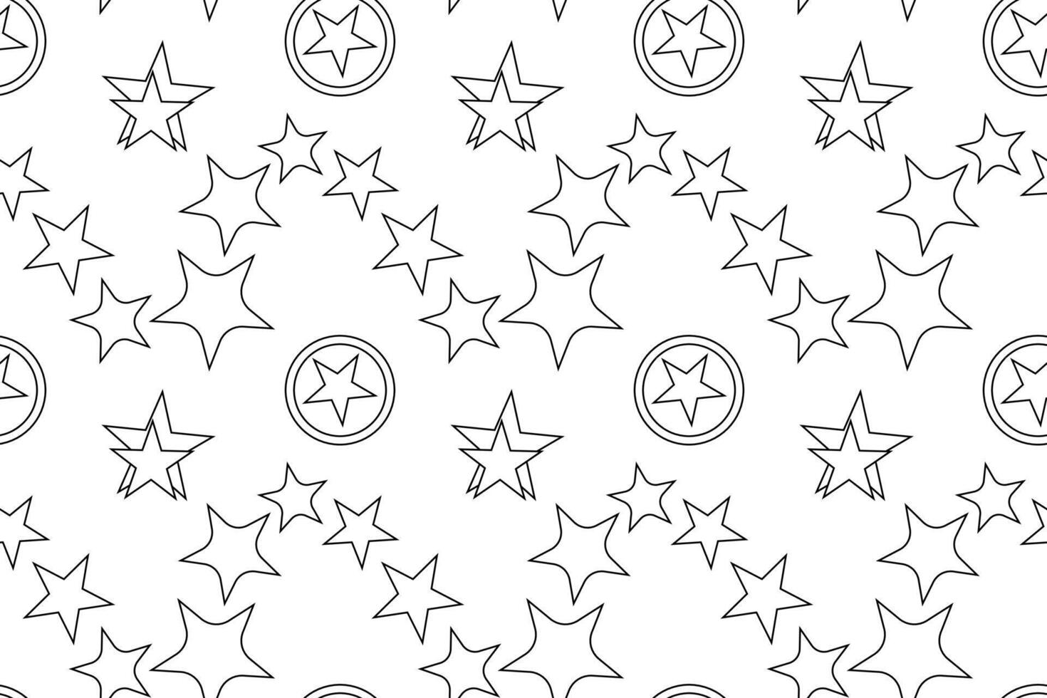 Black and white seamless pattern featuring various star shapes, ideal for childrens coloring and creative projects. vector
