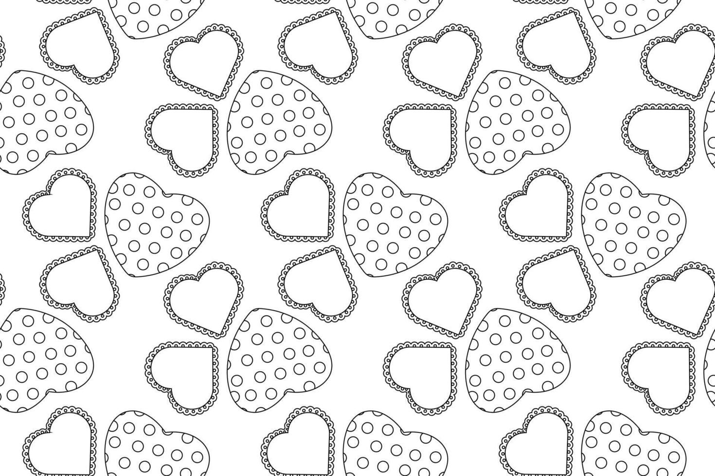 Seamless black and white pattern with hearts featuring lace edges and polka dot designs, perfect for coloring. vector