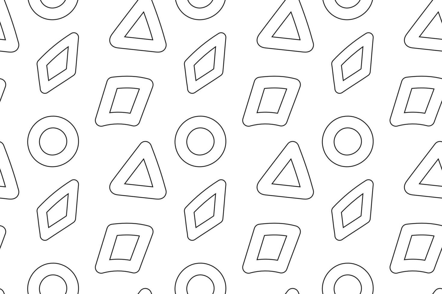 Seamless black and white pattern featuring circles, triangles, and rhombuses, perfect for childrens coloring projects. vector