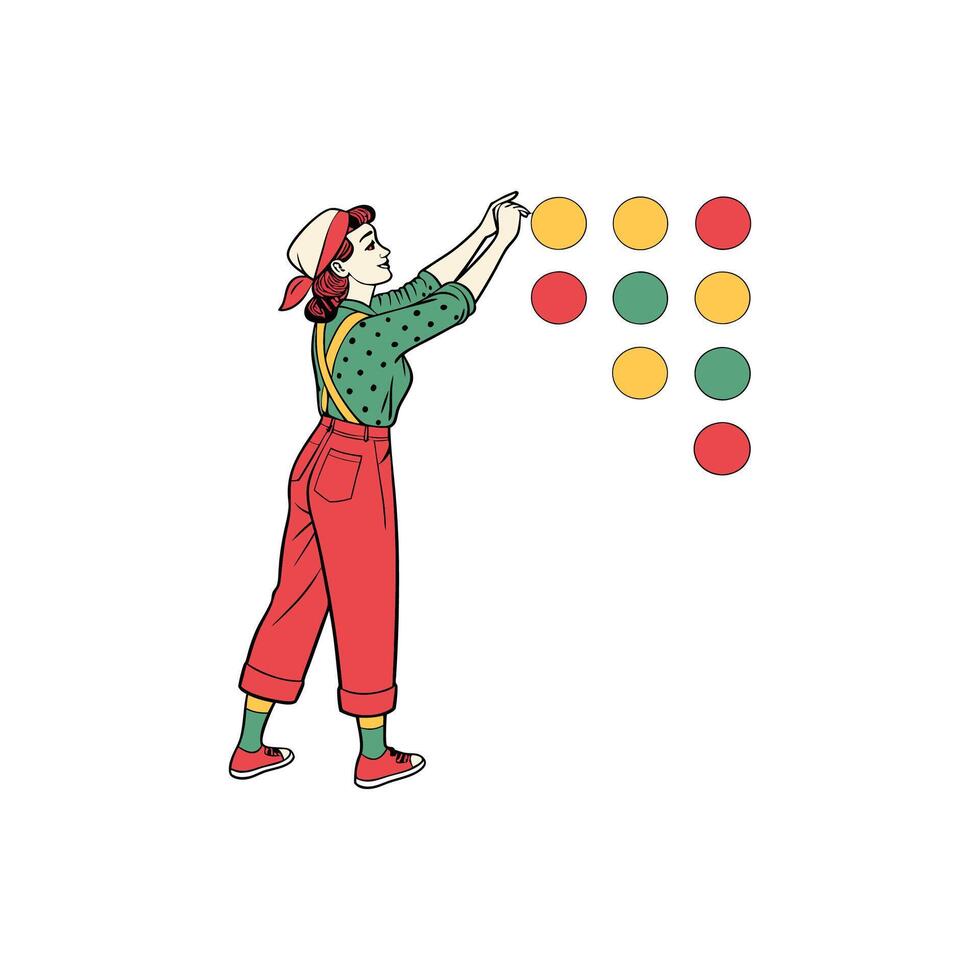 A woman is standing in front of a line of colored dots vector