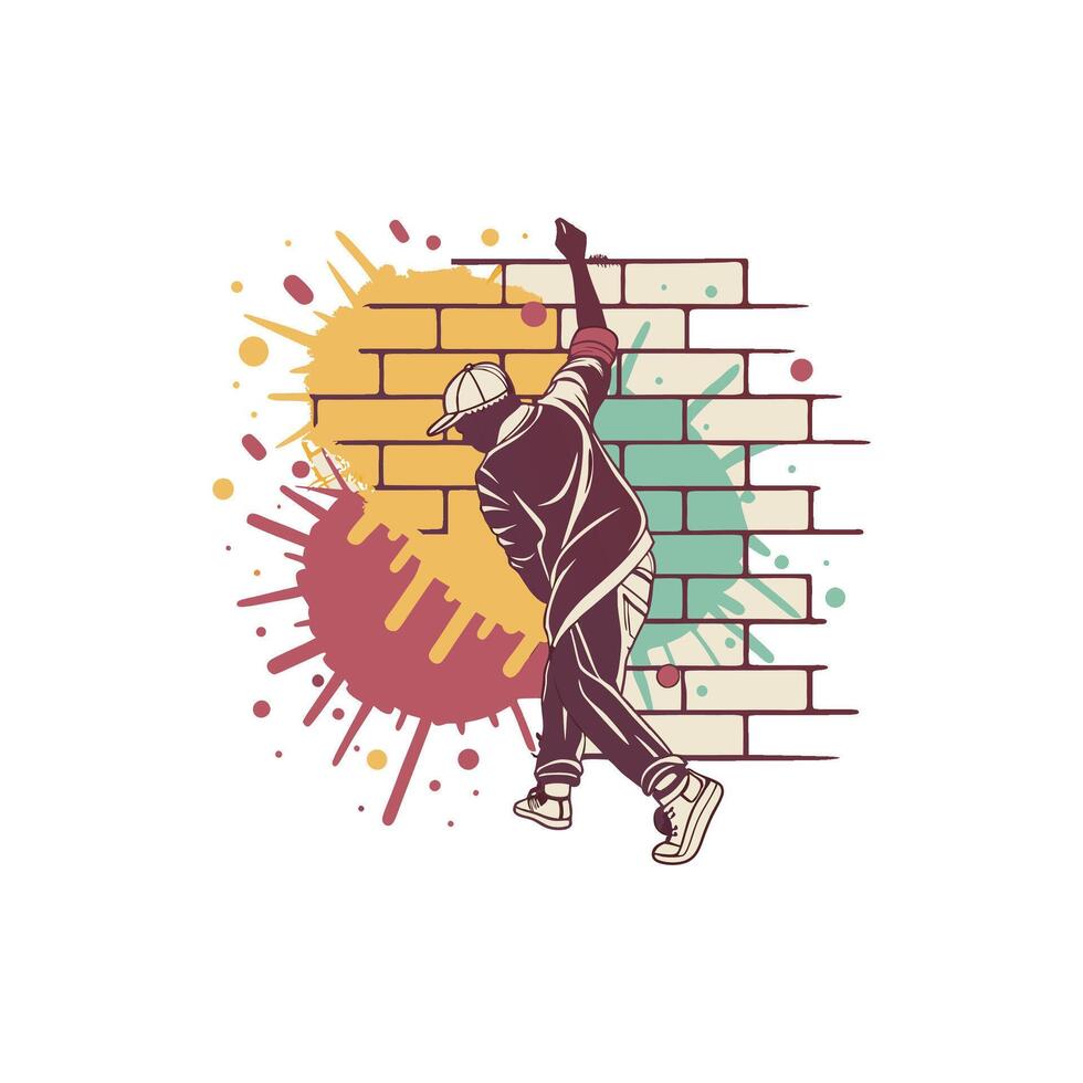 A man is standing on a brick wall with paint splatters vector