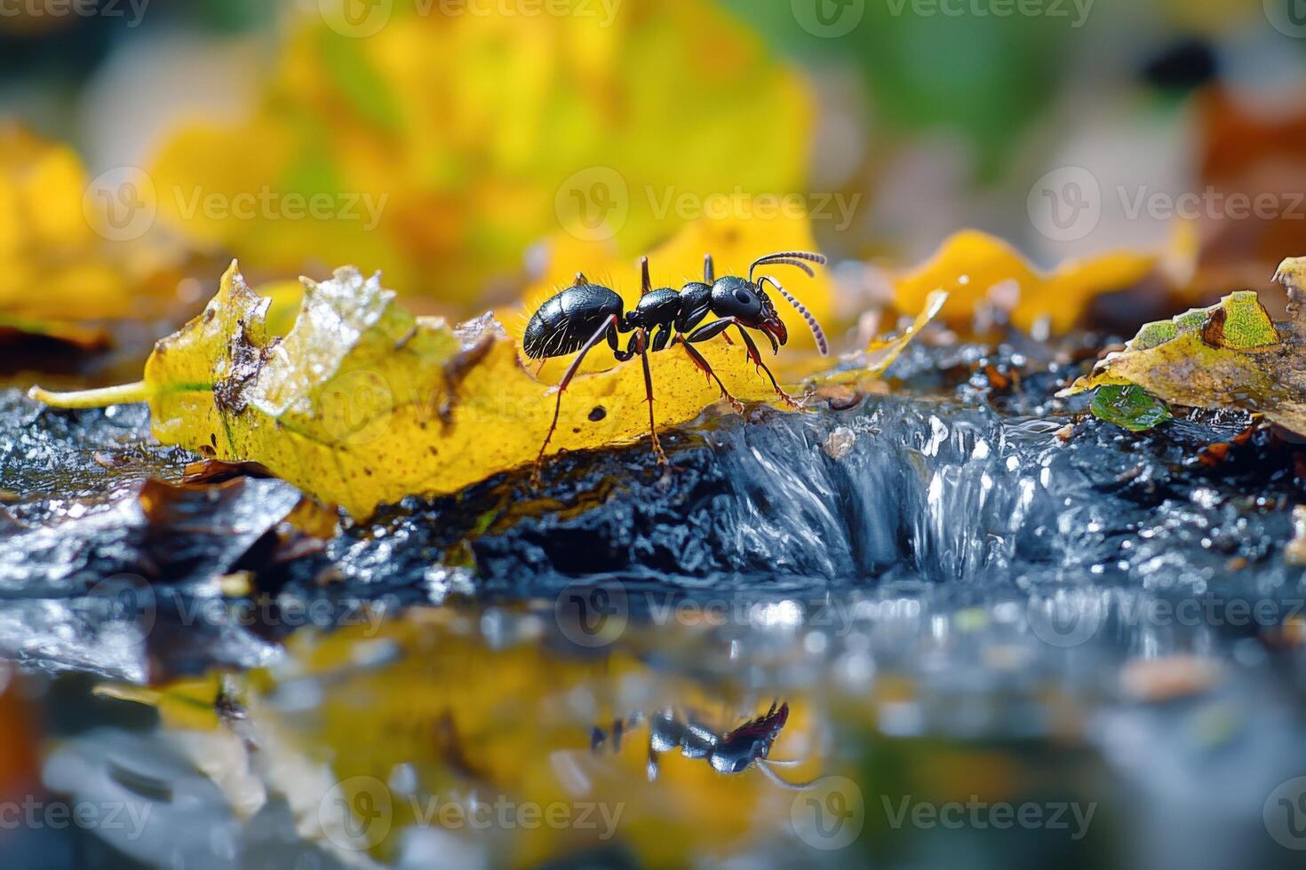 A black ant is standing on a leaf in the water photo
