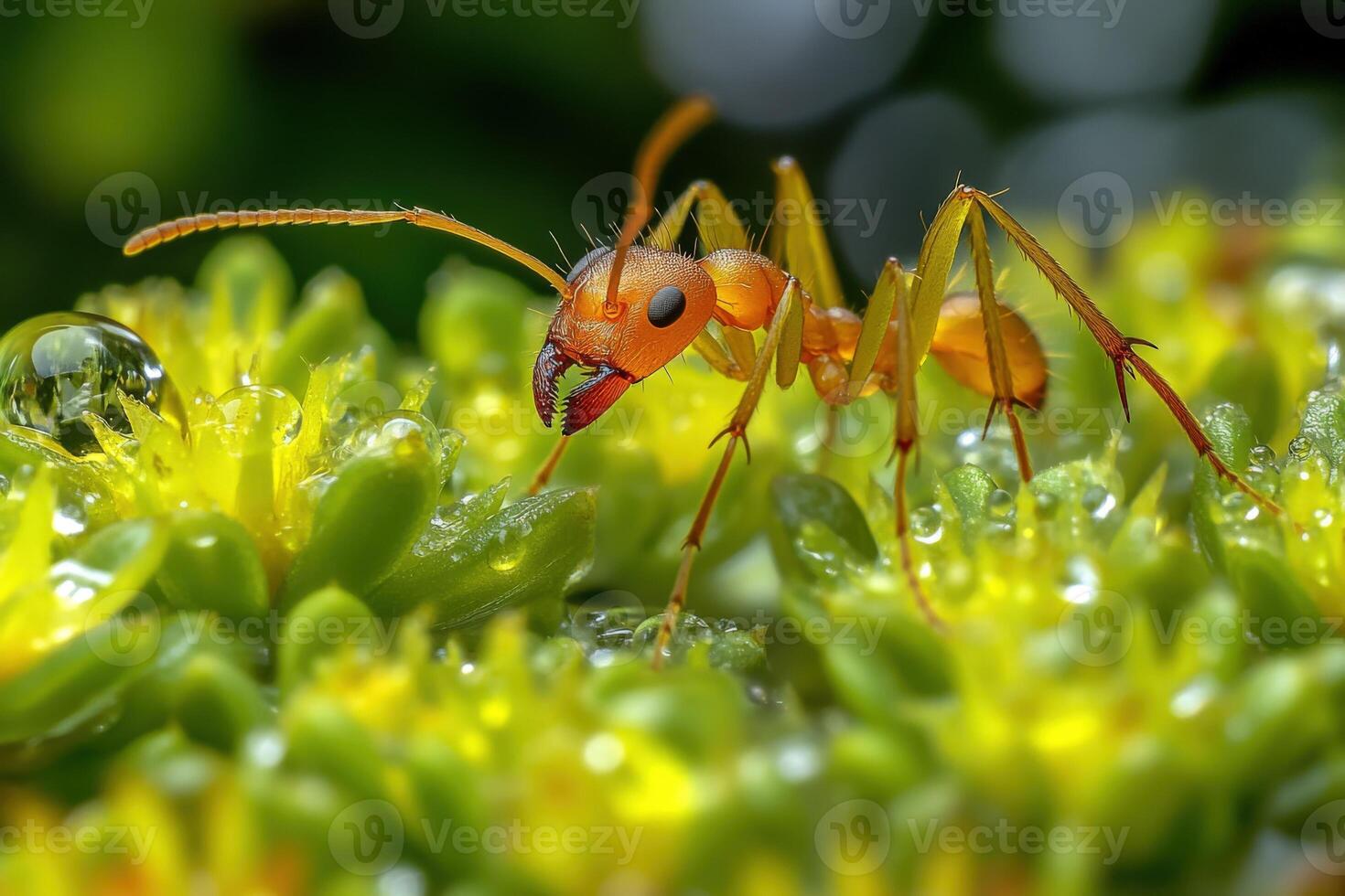 A small ant is standing on a green plant photo