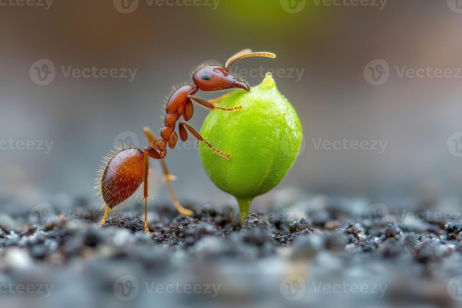 A small ant carrying a green seed photo