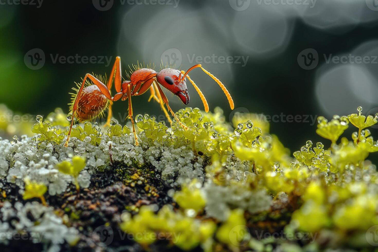 An ant is standing on top of a moss covered plant photo
