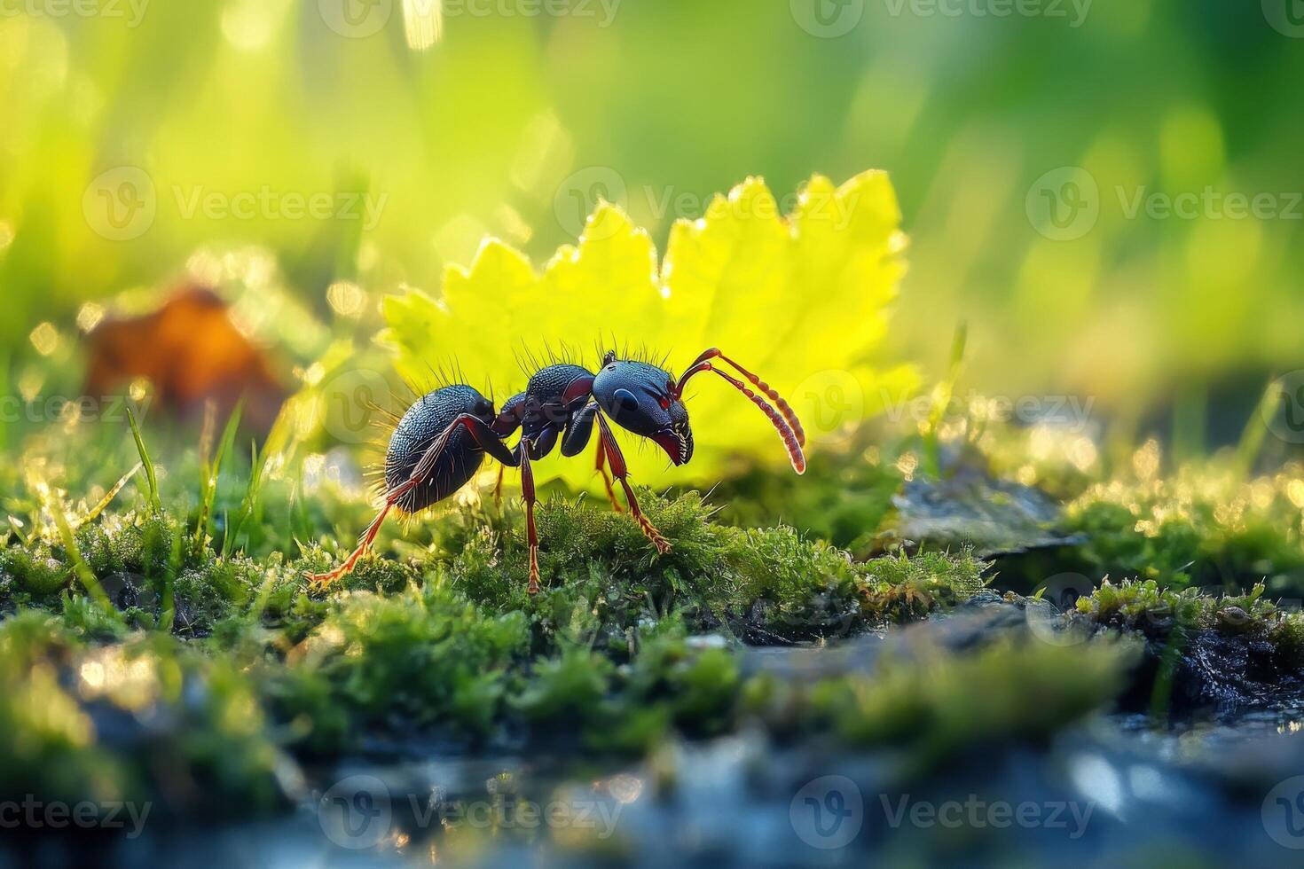 An ant is walking on the grass with a leaf photo