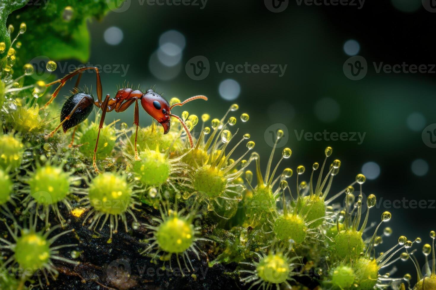 A red ant is standing on a green plant photo