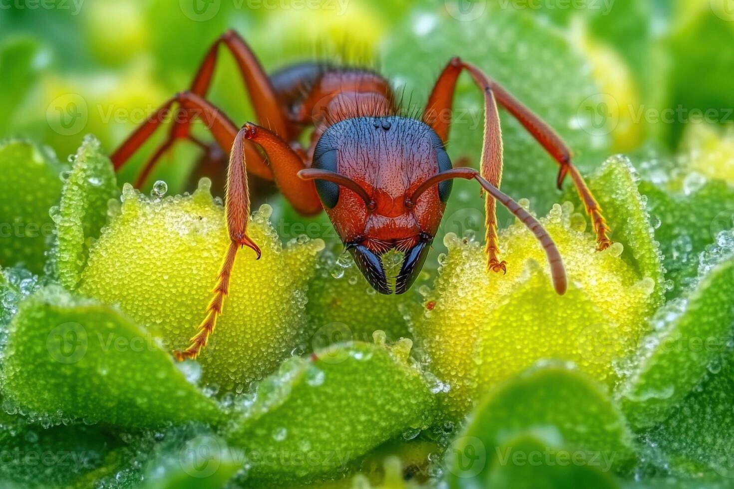 An ant is sitting on a green plant photo