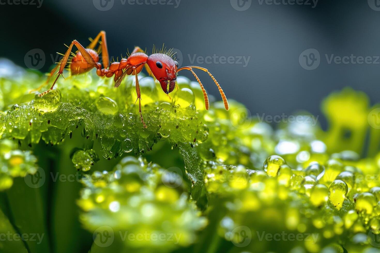 A red ant is sitting on top of green leaves photo