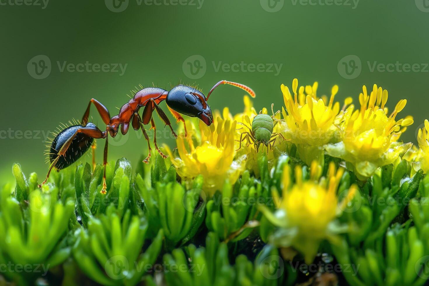 A red ant is standing on a green plant photo