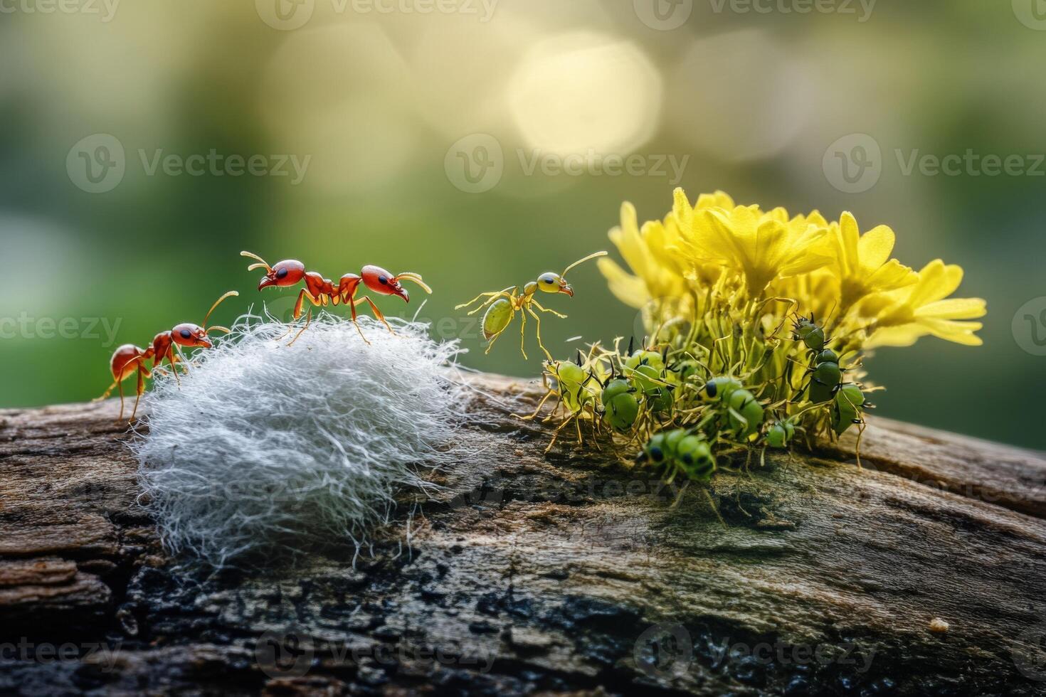 A group of ants and a flower on a branch photo