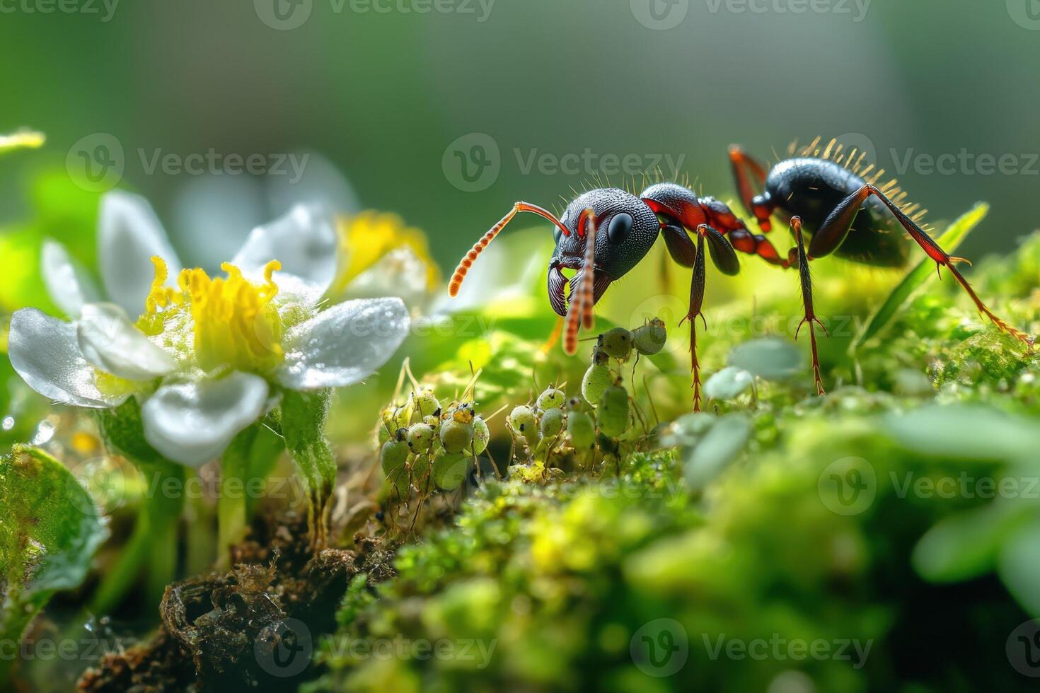 An ant is standing on a mossy green plant photo