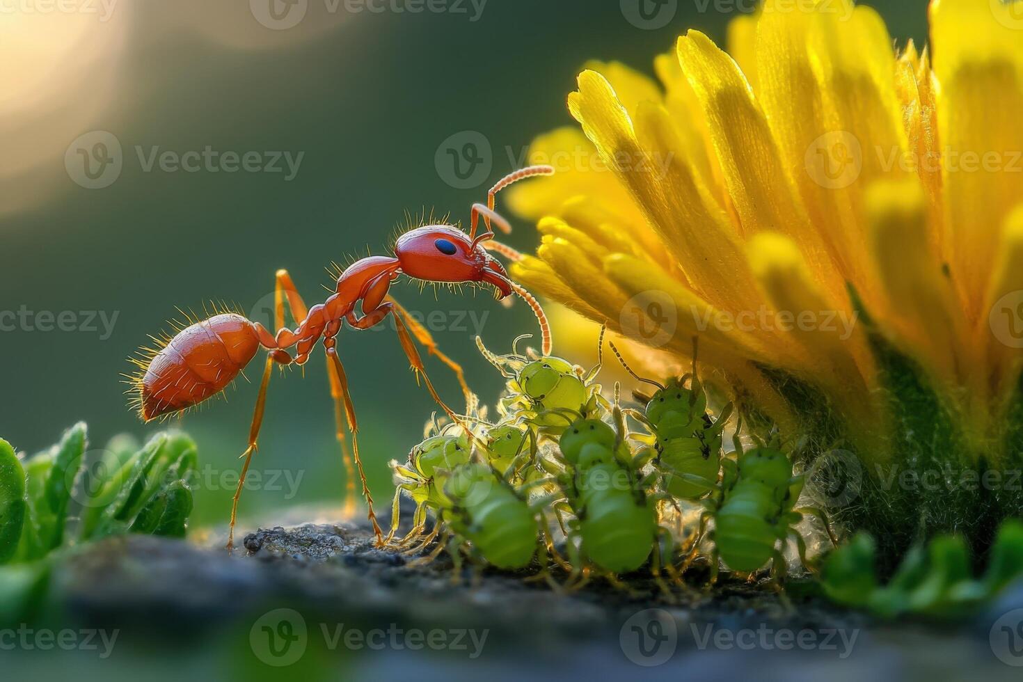 A red ant is eating a flower photo