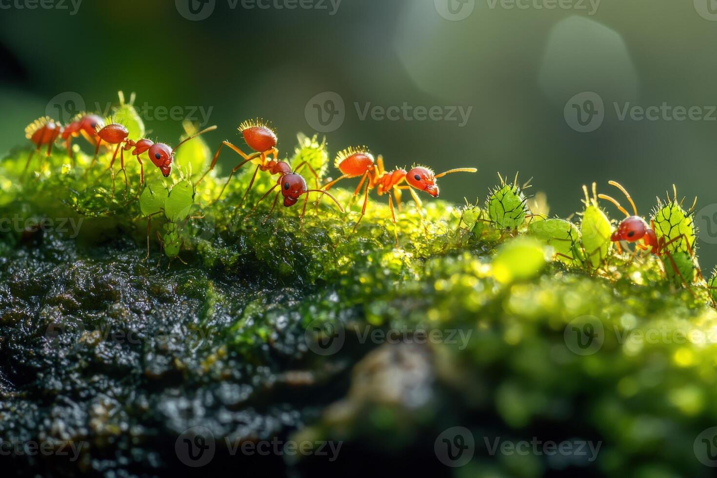 A group of ants walking on moss photo
