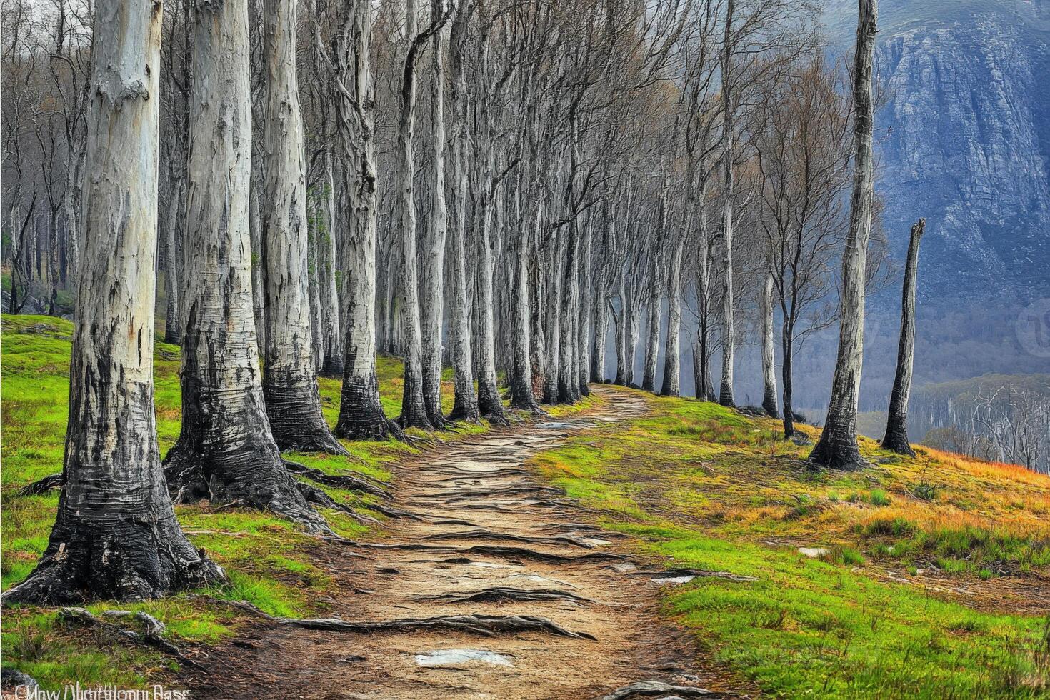 A path that is lined with trees and grass photo