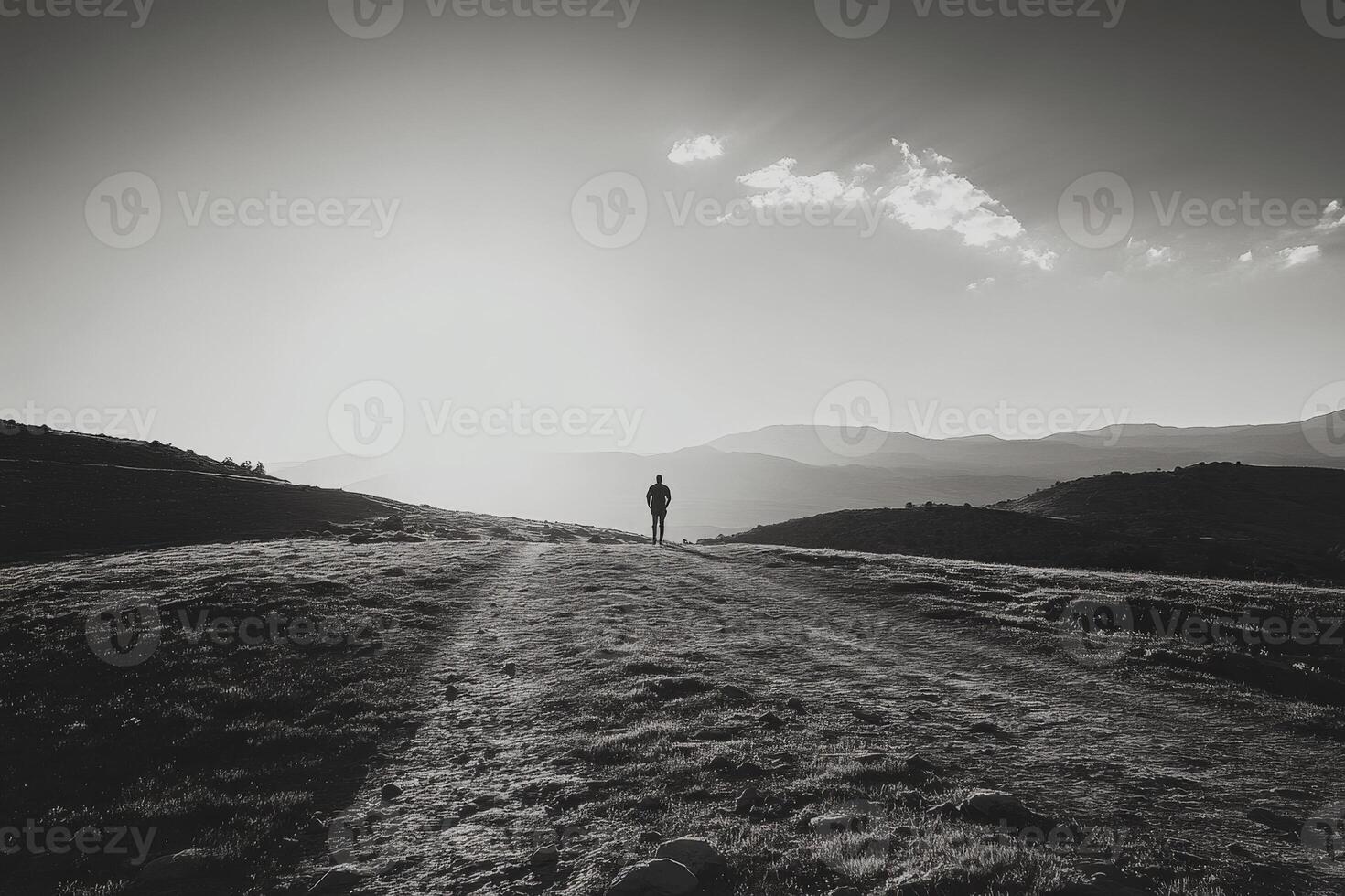 A person standing on a hill in the middle of a field photo
