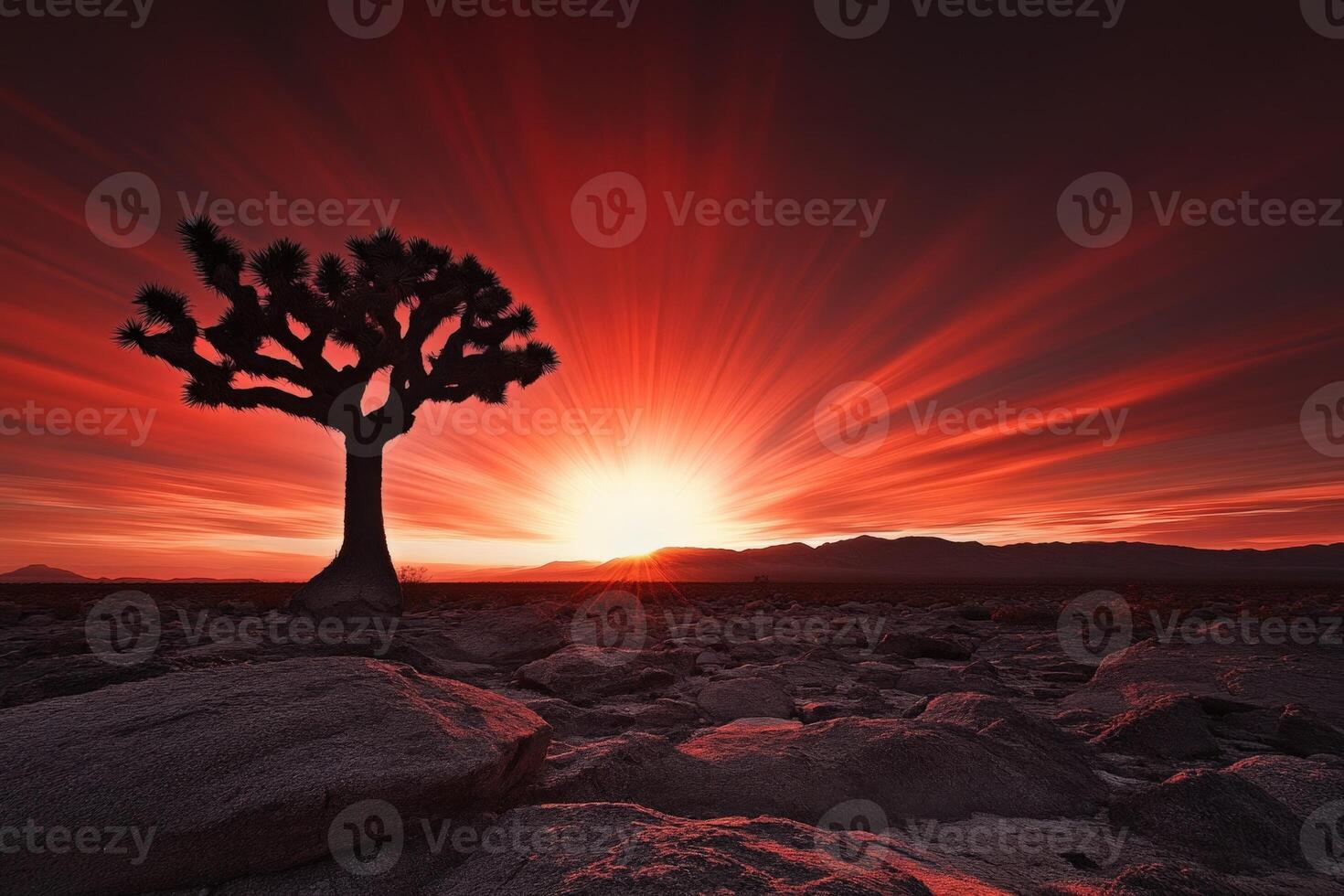Joshua tree in the desert at sunset photo
