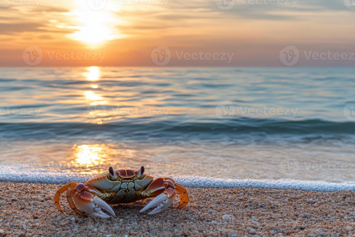 A crab on the beach at sunset photo