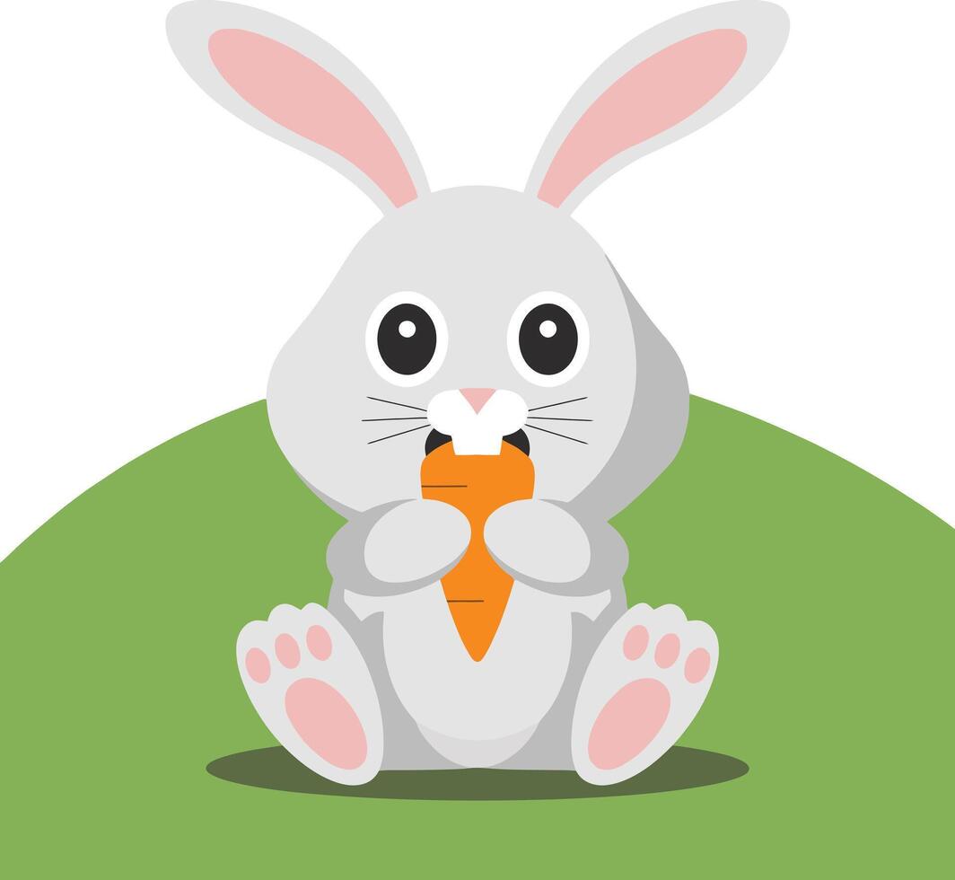 Flat cartoon illustration of a light gray rabbit sitting on a grassy knoll vector