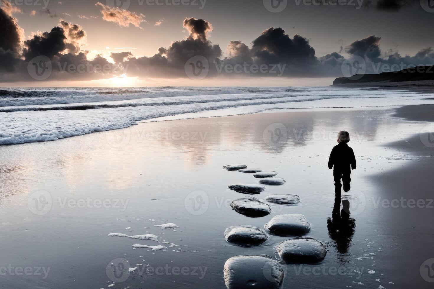 A person walking on the beach with rocks in their hand photo
