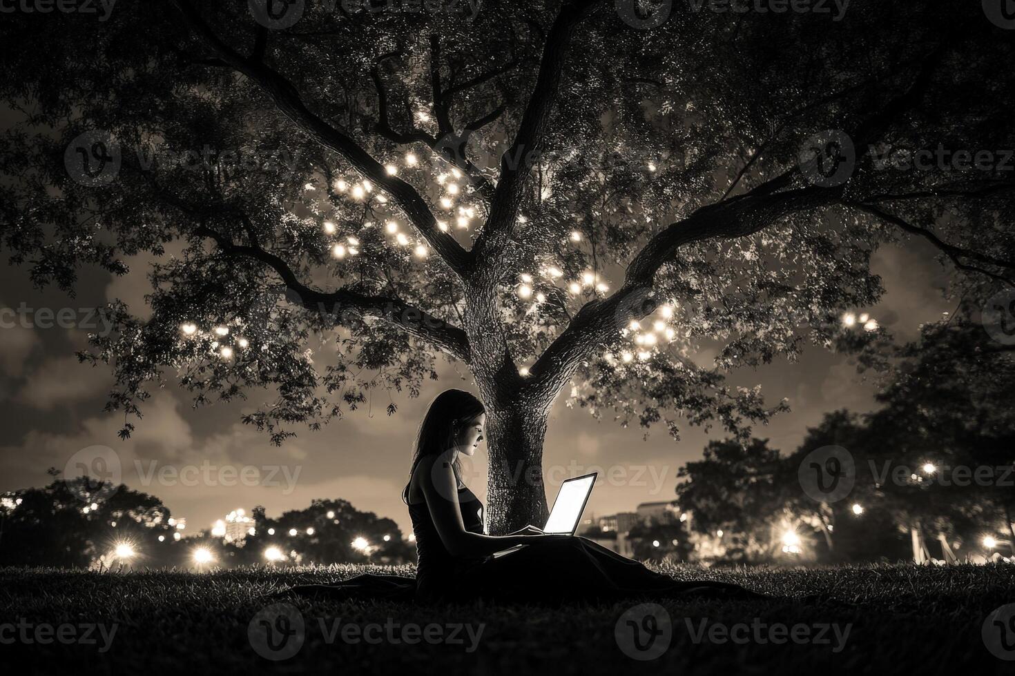 A woman sitting under a tree with a laptop photo