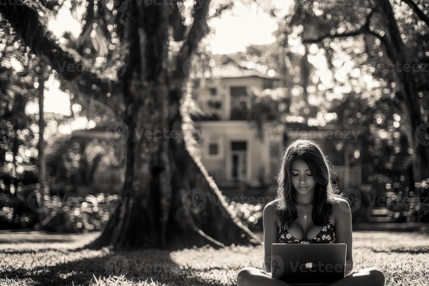 A woman sitting on the grass with a laptop photo