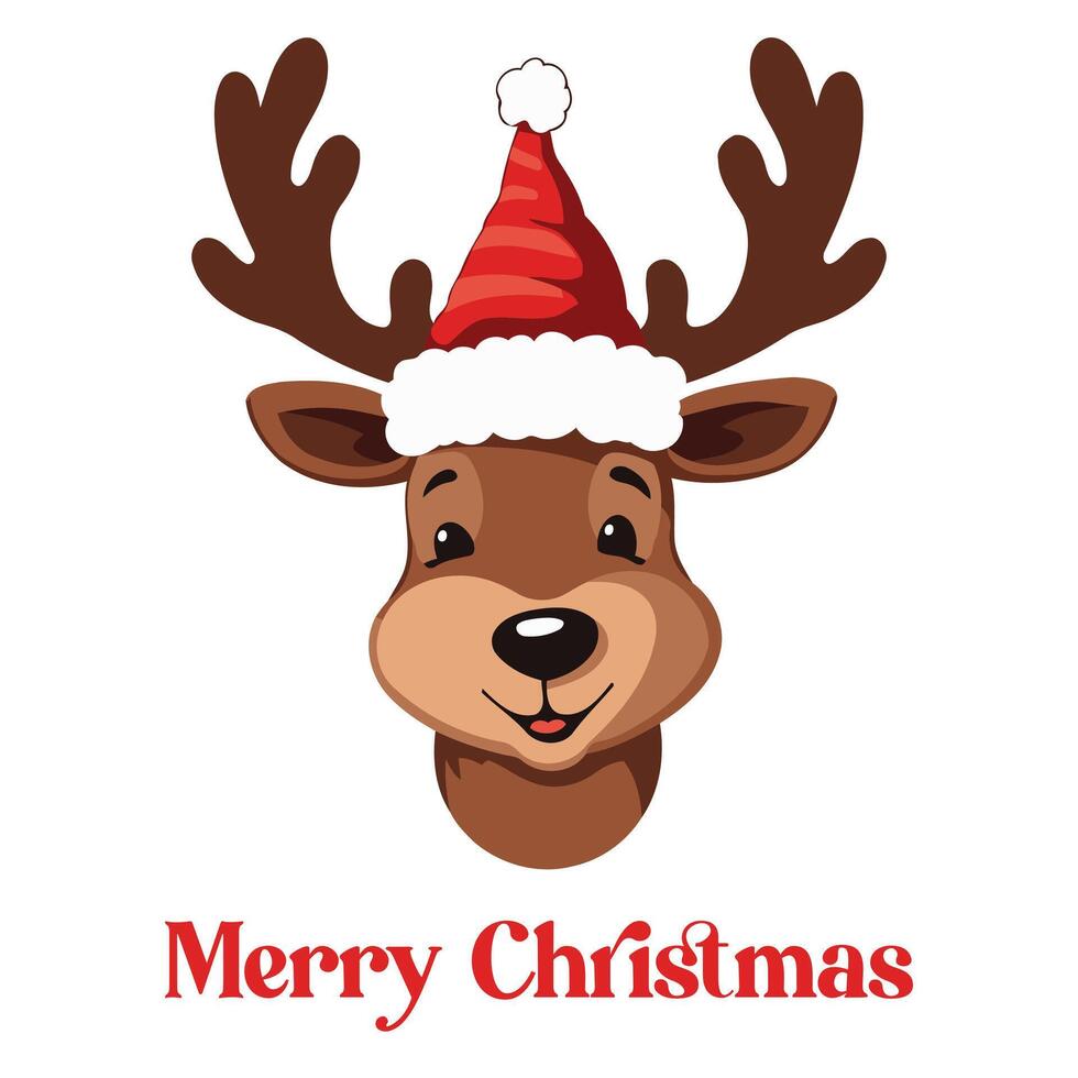 illustration of a cute reindeer head wearing a Christmas hat isolated on a white background vector