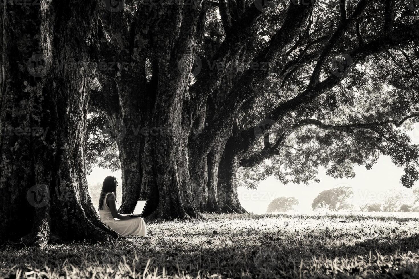 A woman sitting under a tree with a laptop photo