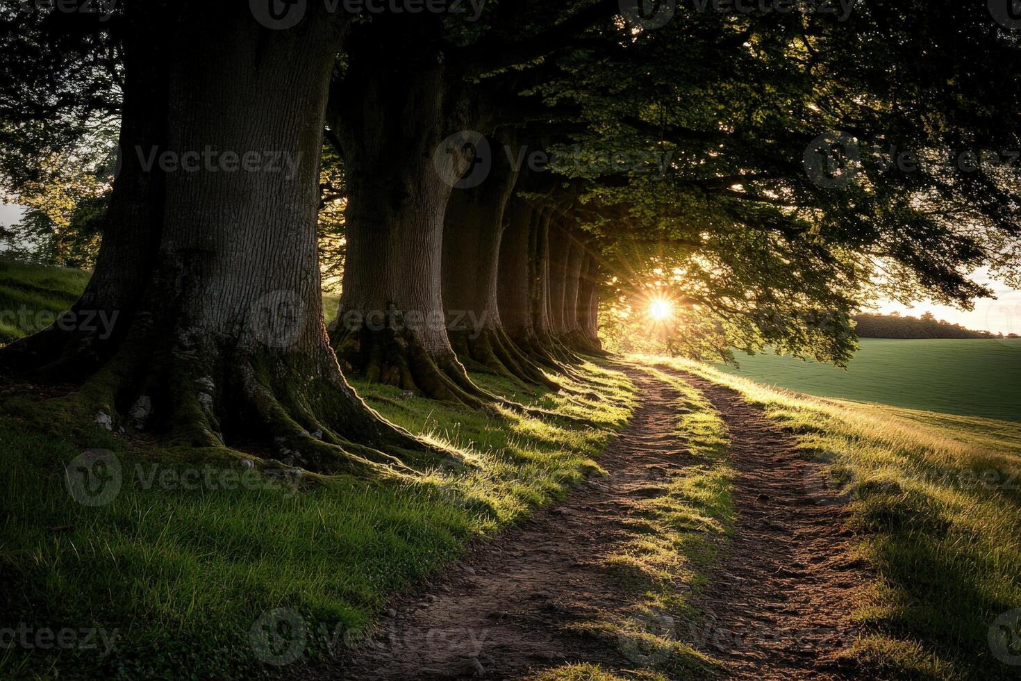 A path through a field with trees and the sun setting behind them photo
