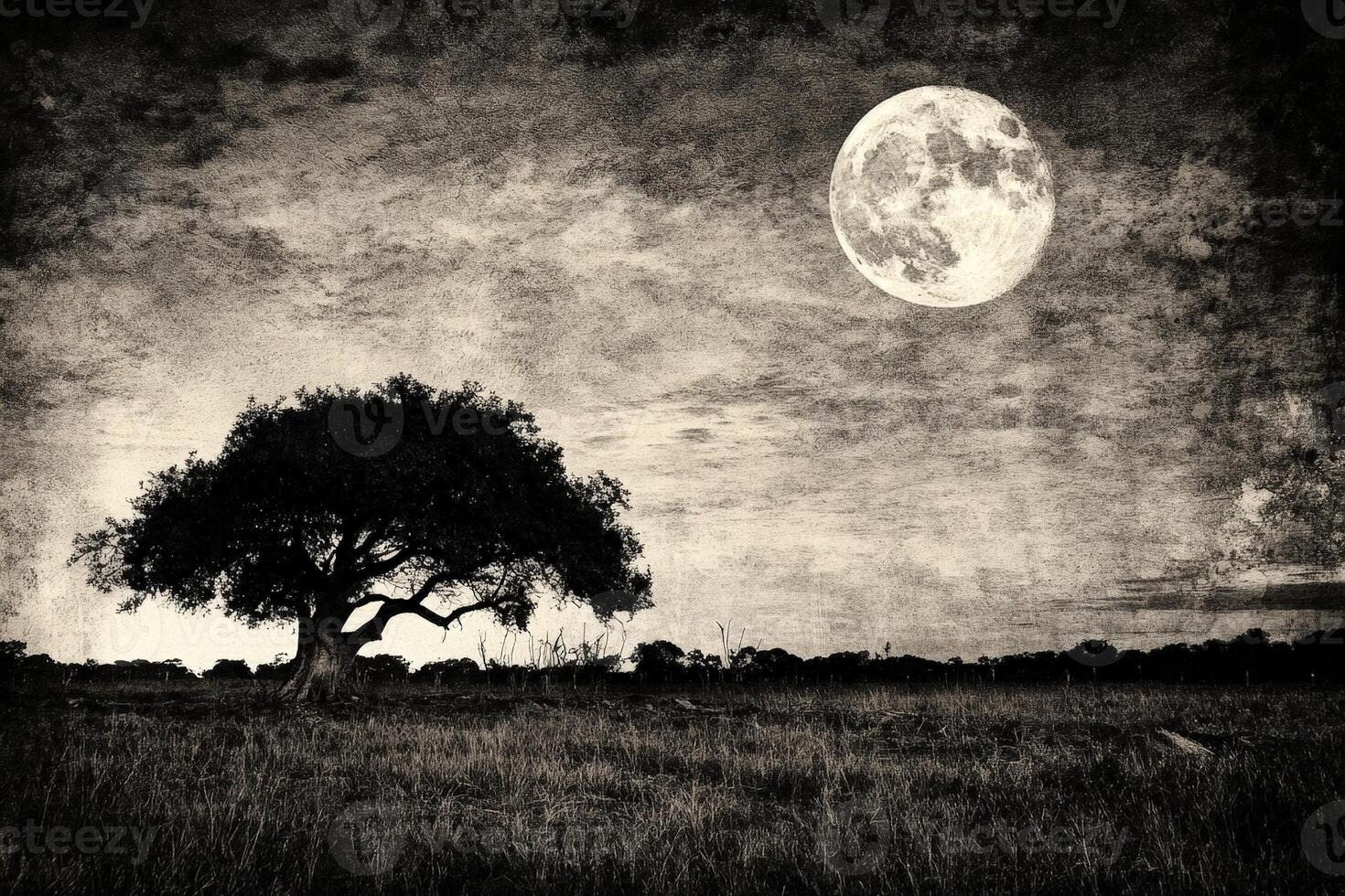 A black and white photo of a tree in the middle of a field