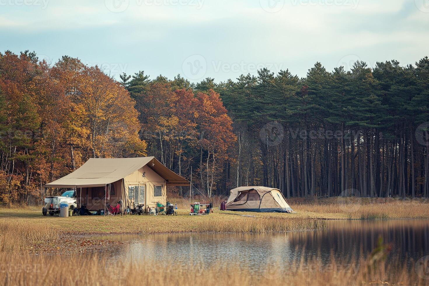 A tent and a camper are sitting on the shore of a lake photo