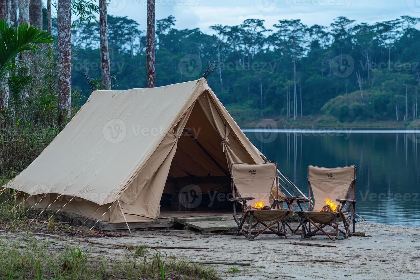 A tent on the shore of a lake photo