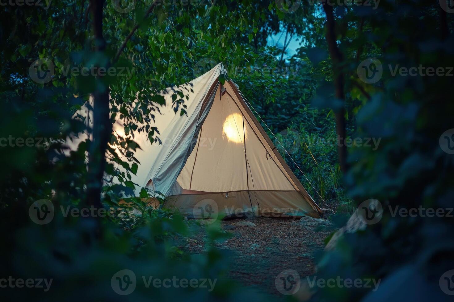 A tent in the woods at night photo