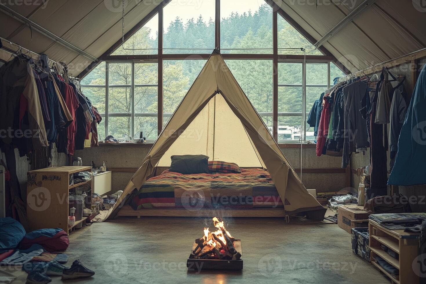 A tent with a fire pit in the middle of a room photo