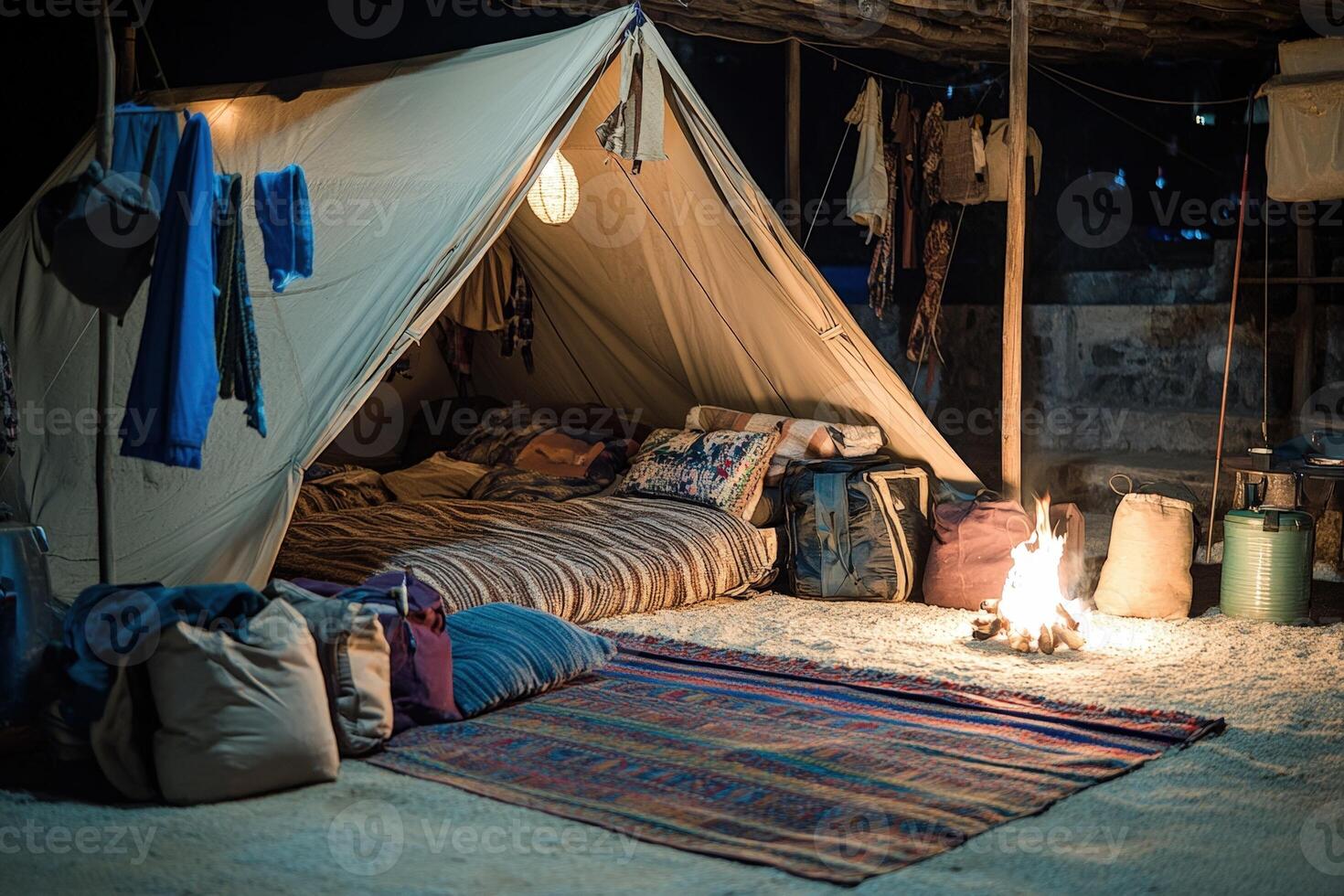 A tent with a fire and blankets on the ground photo