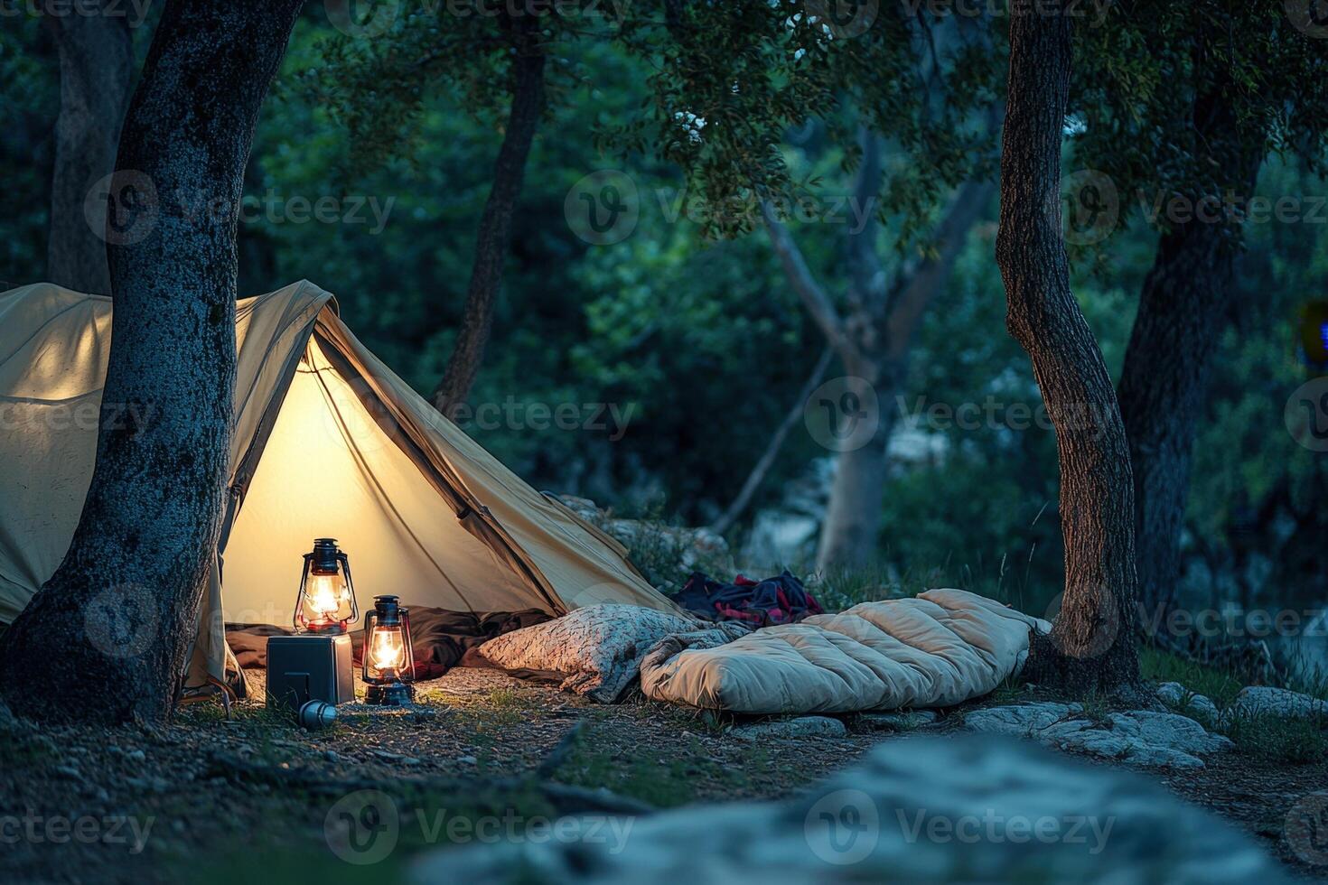 A tent is set up in the woods photo