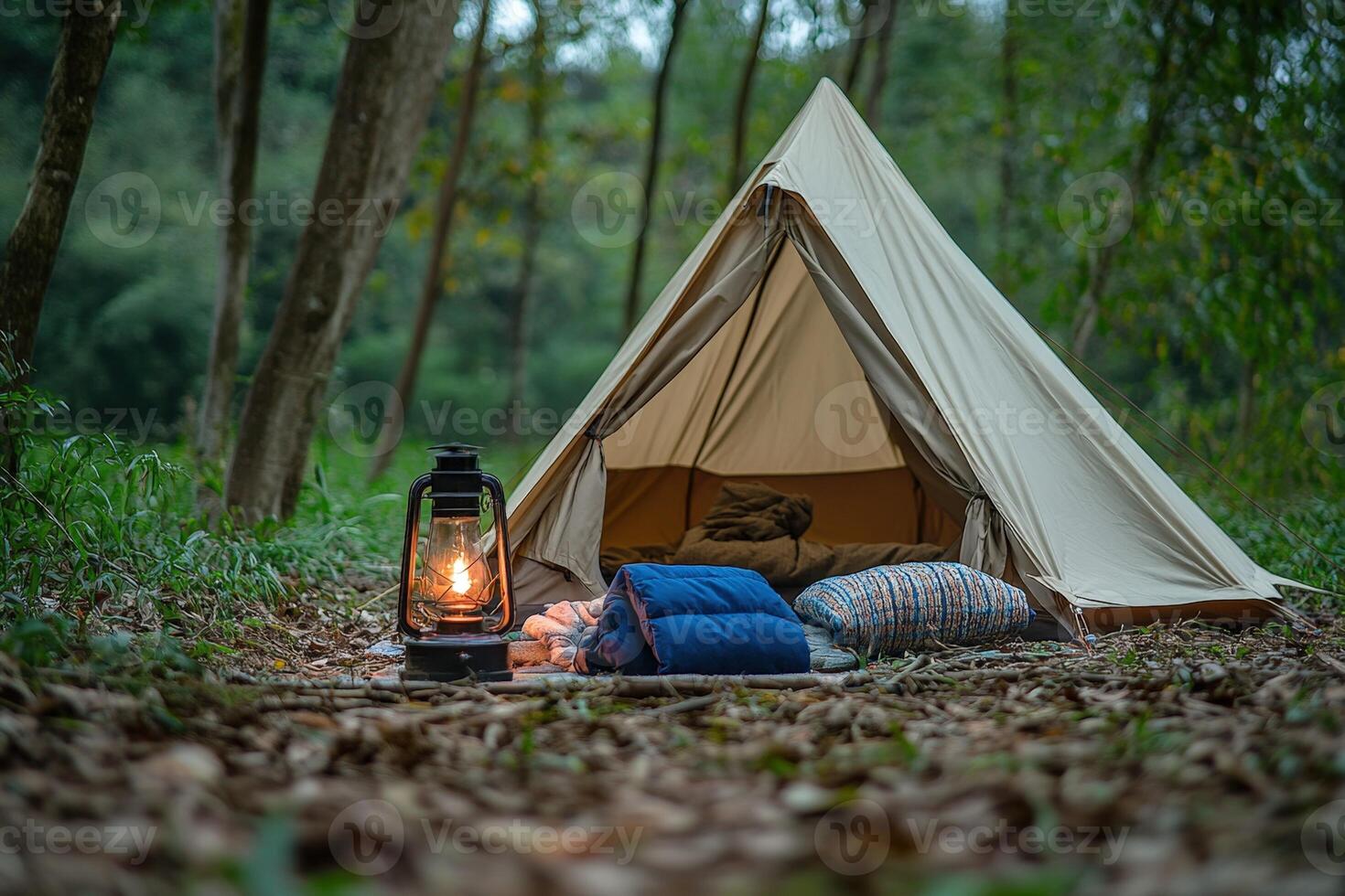 A tent with a lamp and blankets in the woods photo