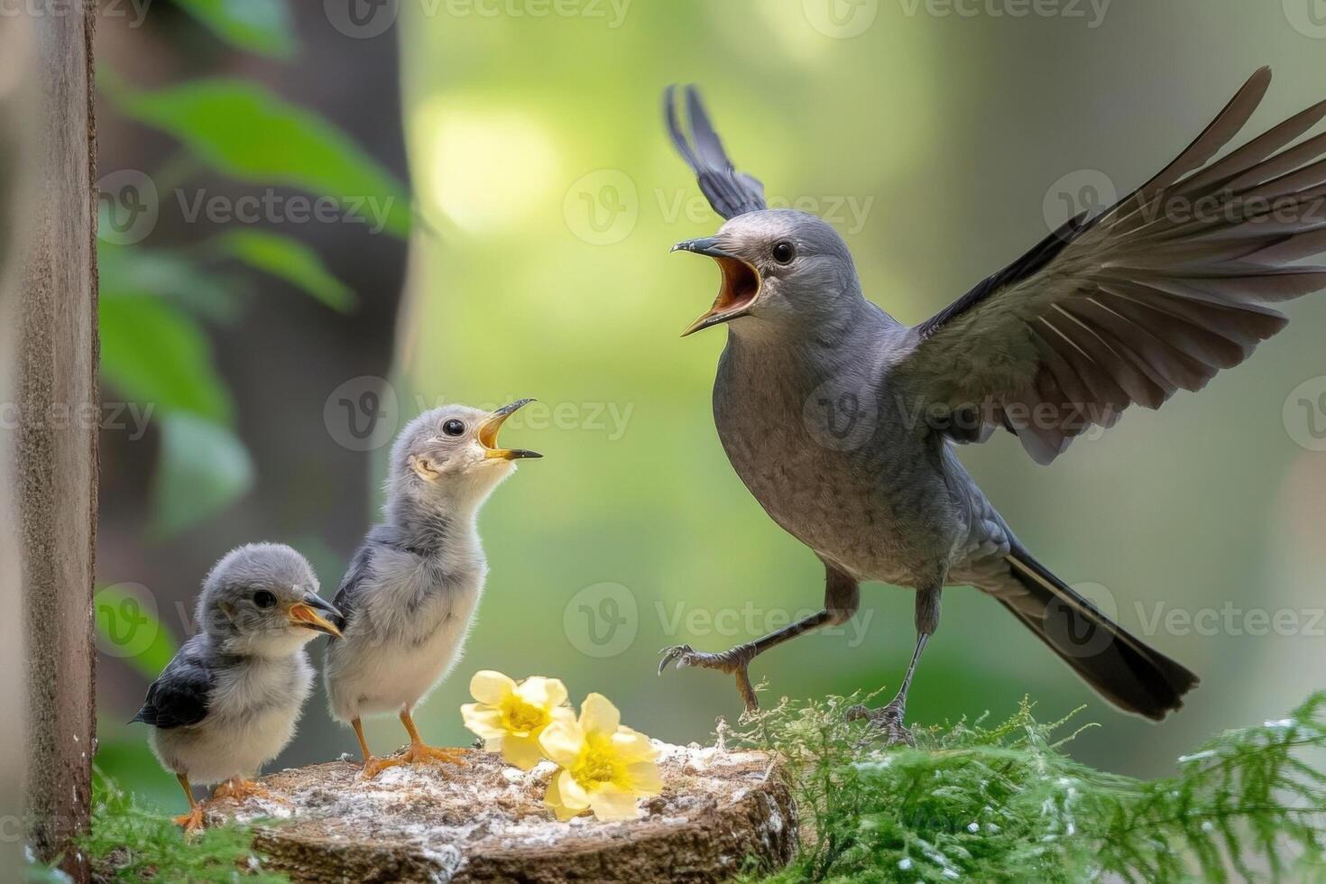 A mother bird with her babies in the nest photo